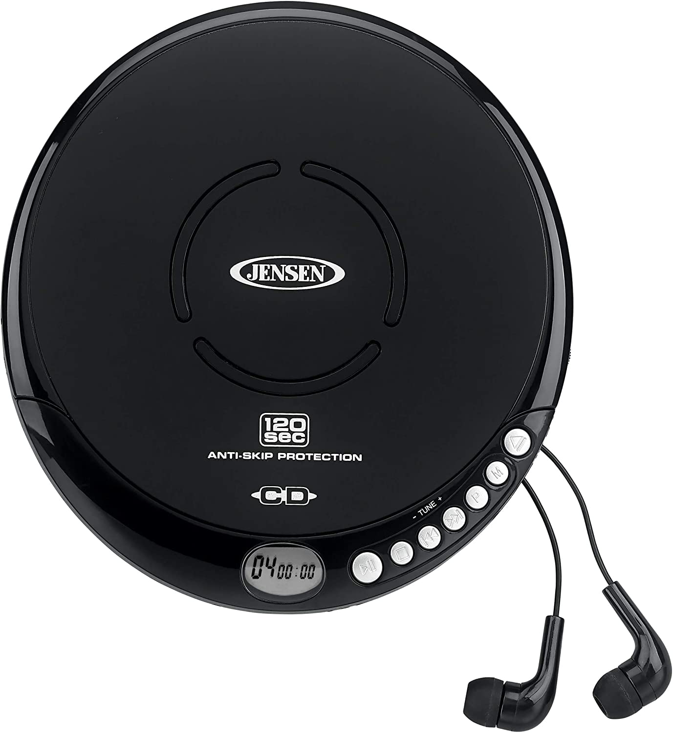 Jensen Portable CD-120BK Portable Personal CD Player Compact 120 SEC Anti-Skip CD Player – Lightweight & Shockproof Music Disc Player & FM Radio Pro-Earbuds for Kids & Adults