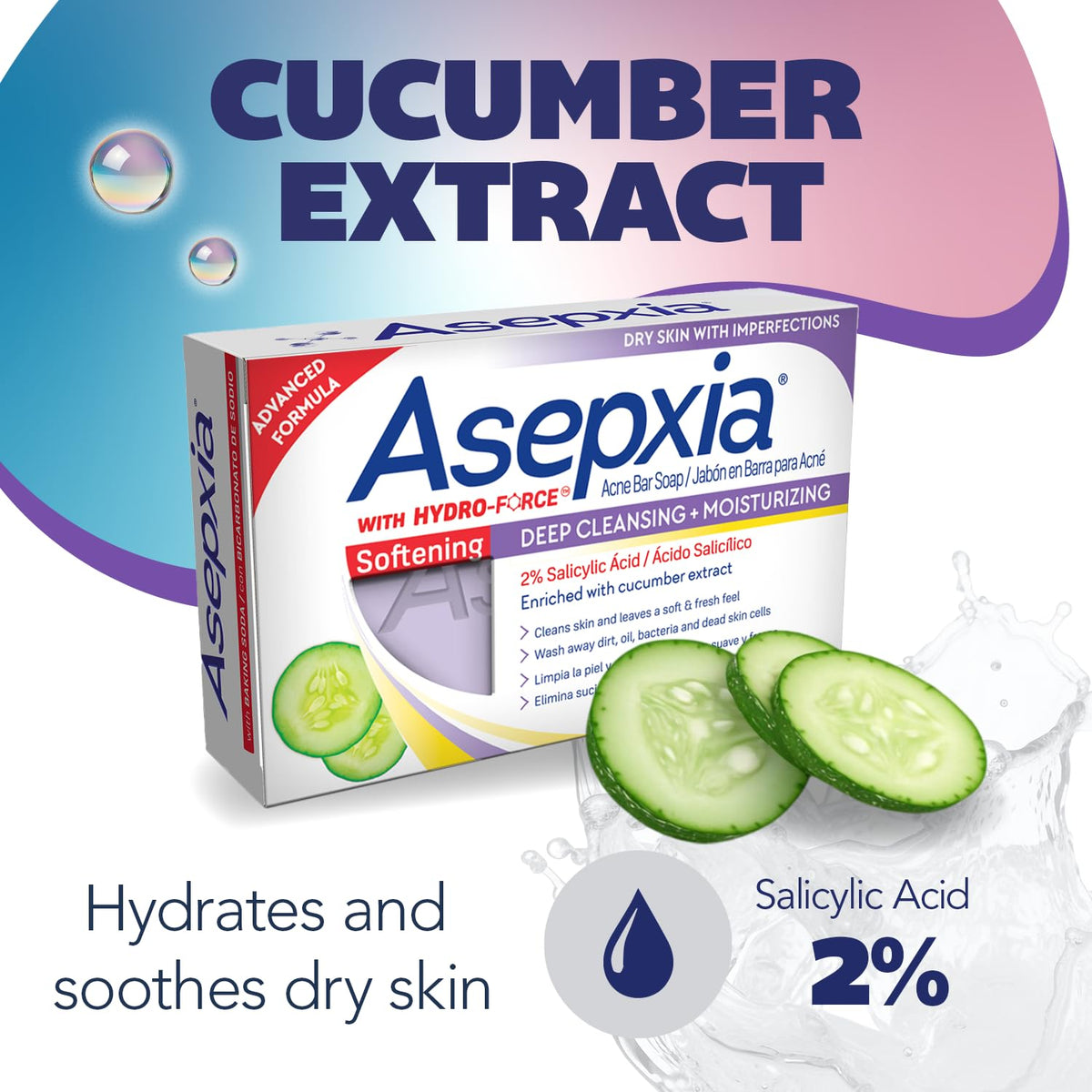 Asepxia Acne Treatment Softening Bar Soap | 2% Salicylic Acid Cleanser, Wash away Oil & Impurities, Soothes with Cucumber Extract, Daily Use, Refreshes Skin, Face Wash, 4 Oz, 1-Pack, EXP 05/26