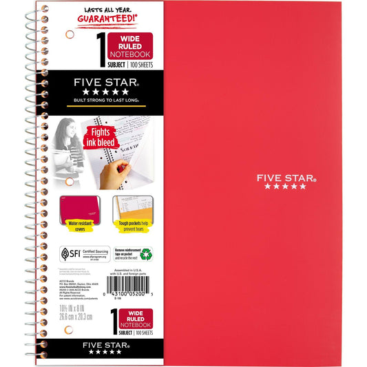 Five Star Spiral Notebook, 1 Subject, Wide Ruled Paper, 10-1/2" x 8", 100 Sheets, Assorted Colors, Color Will Vary, Office Product , 1 Count (05200)