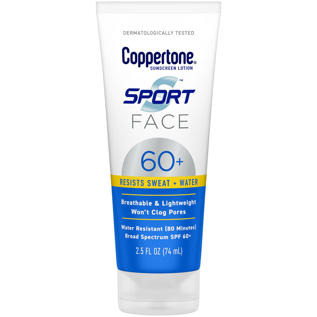 Coppertone Sport Face Sunscreen Lotion SPF 60+, Water Resistant Sunscreen with Broad Spectrum SPF 60+, Lightweight and Breathable, 2.5 Fl Oz Tube