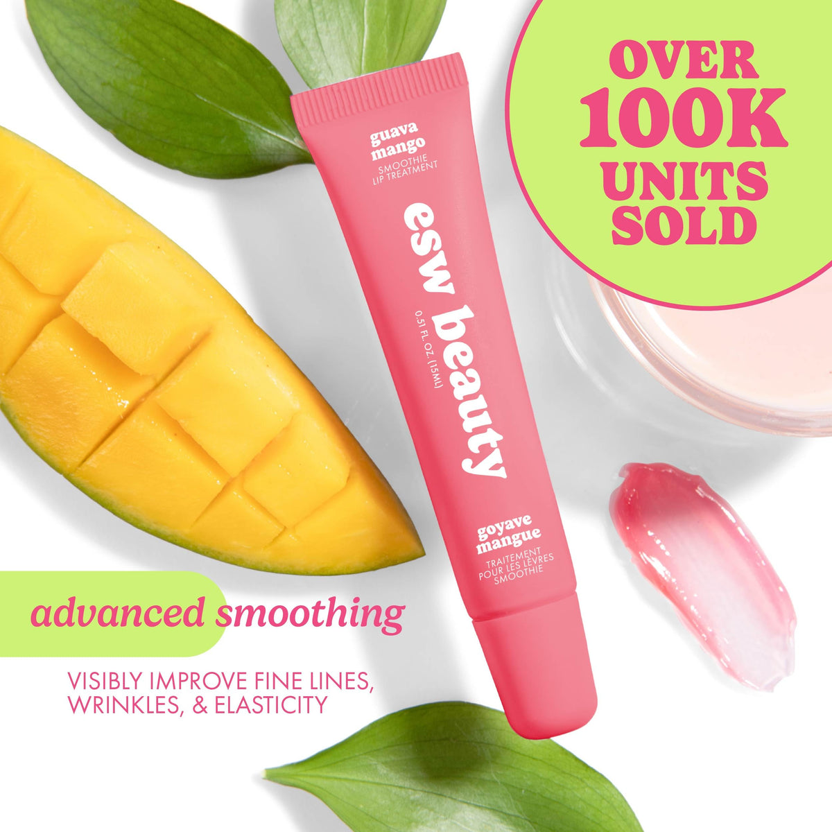 ESW Beauty Guava Mango Smoothie Lip Treatment - Light Pink Tint with Shea Butter, Peptides, Guava & Mango for Advanced Smoothing & Collagen Boost