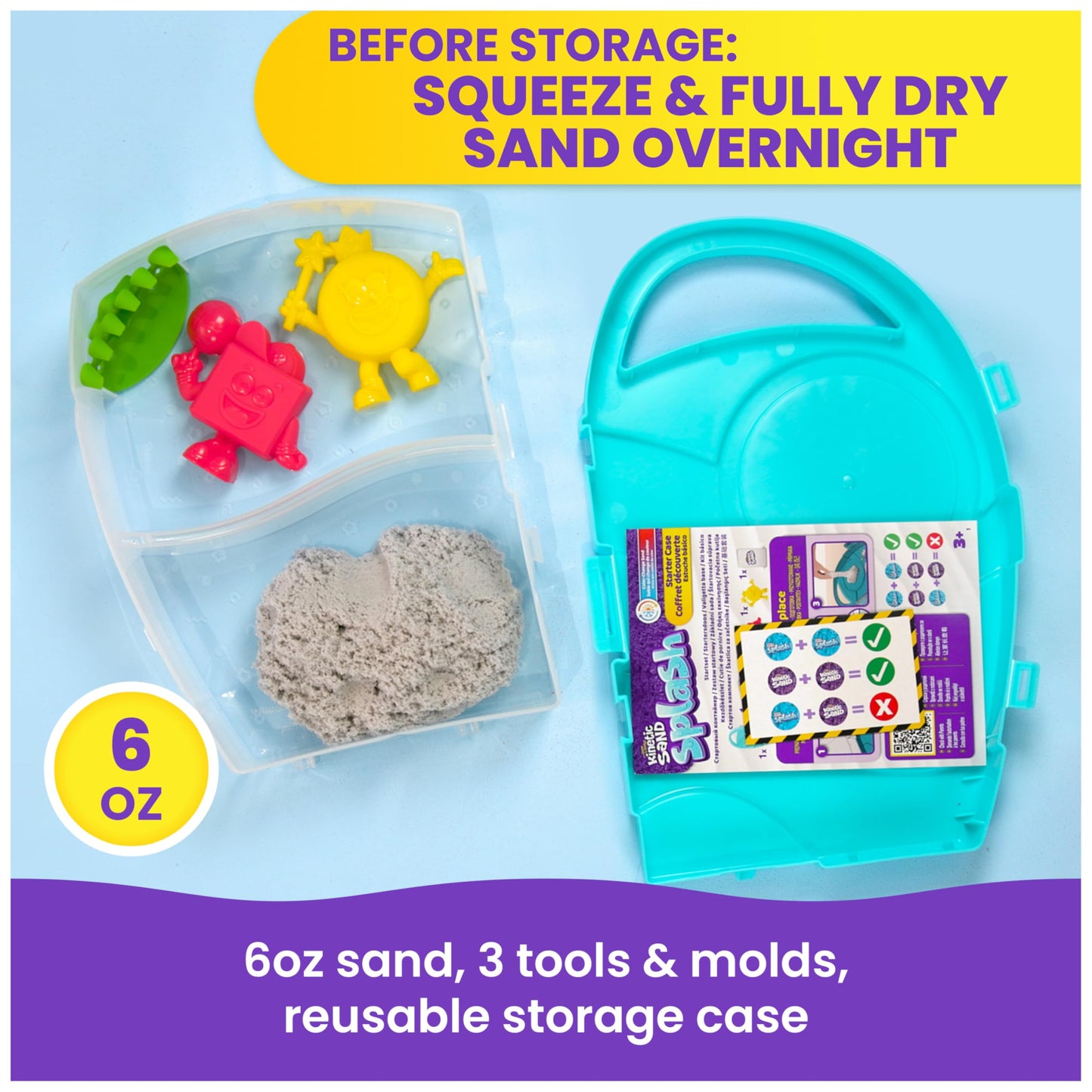 Kinetic Sand, Splash Starter Case with 6oz Color-Change Play Sand, 3 Tools & Molds, Reusable Storage, Sensory Toys, Holiday Gifts & Stocking Stuffers for Kids Ages 3 and up