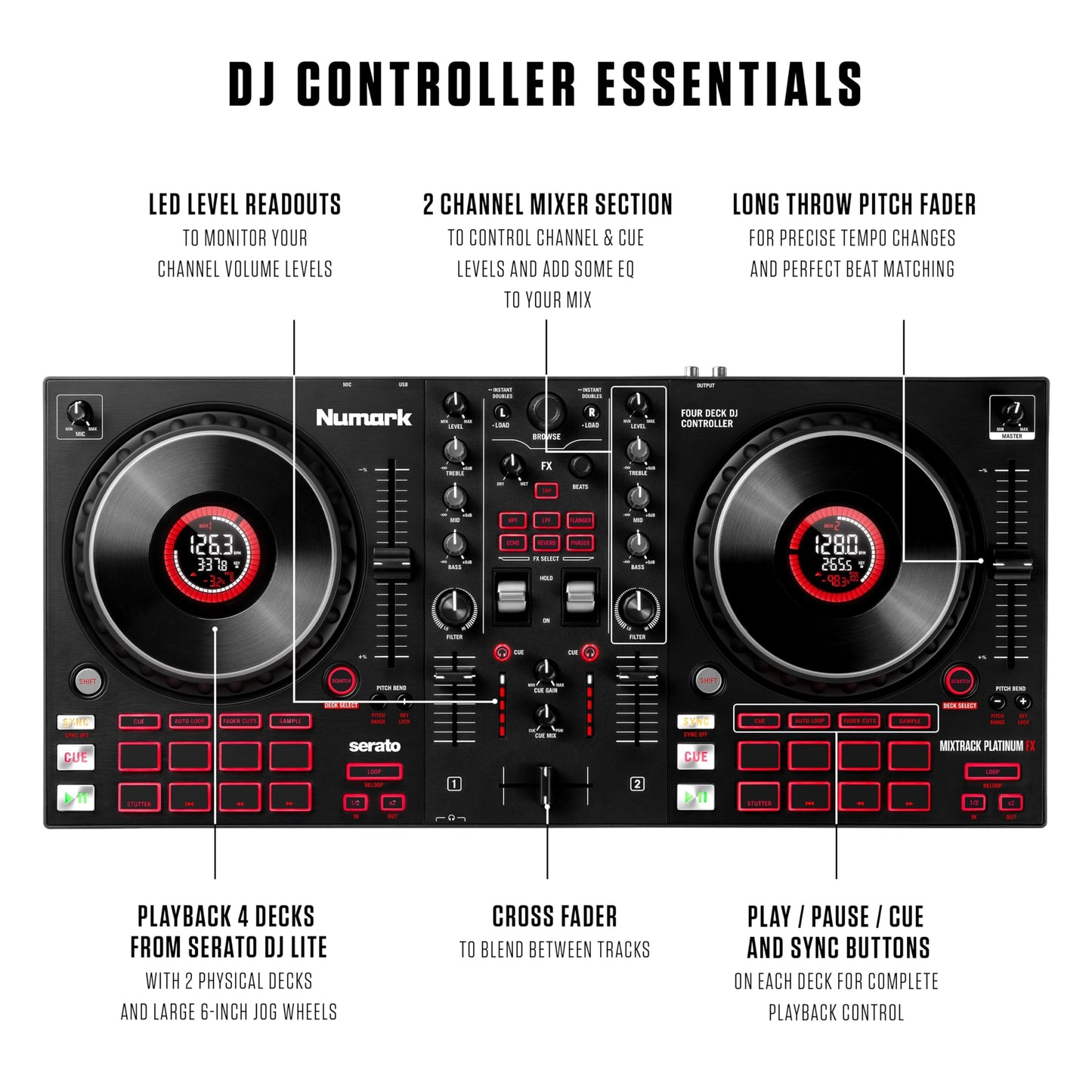 Numark Mixtrack Platinum FX Serato DJ Controller with Jog Wheel Displays, 4 Decks, Mixer, Effects Paddles and Audio Interface