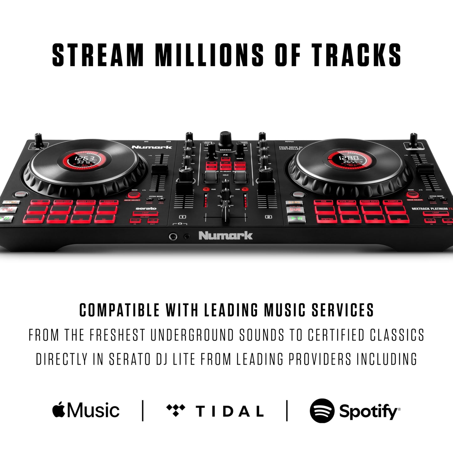 Numark Mixtrack Platinum FX Serato DJ Controller with Jog Wheel Displays, 4 Decks, Mixer, Effects Paddles and Audio Interface