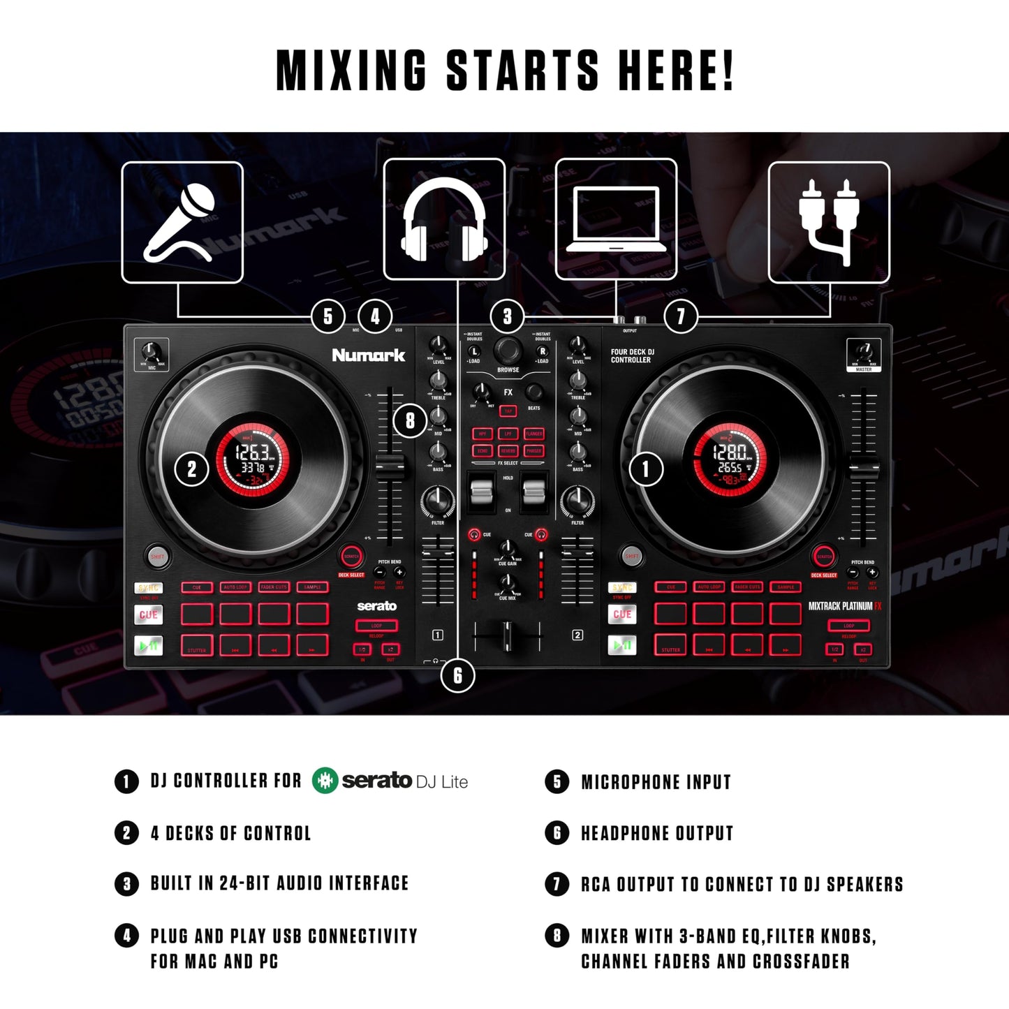 Numark Mixtrack Platinum FX Serato DJ Controller with Jog Wheel Displays, 4 Decks, Mixer, Effects Paddles and Audio Interface