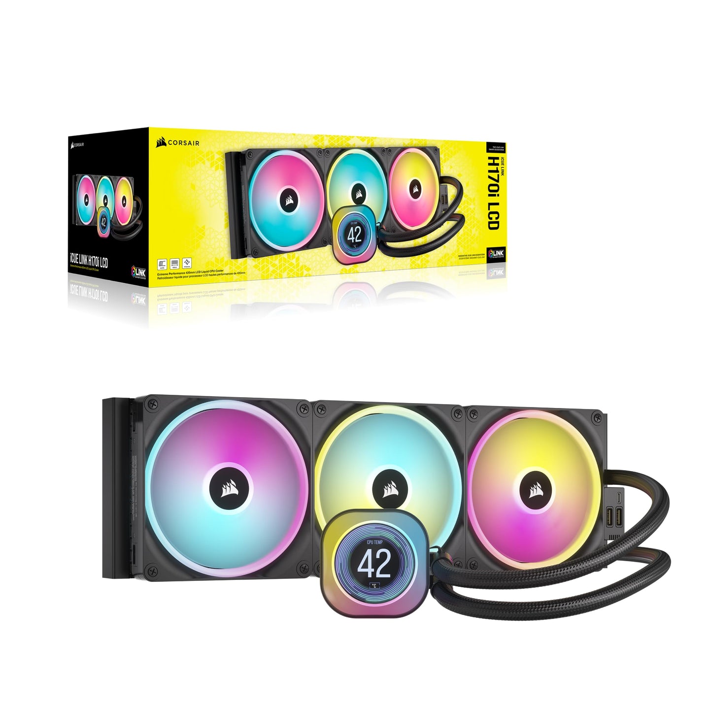 CORSAIR iCUE Link H170i LCD Liquid CPU Cooler - 420mm AIO - QX140 RGB Fans - 2.1 IPS LCD Screen - Fits Intel LGA 1700, AMD AM5 - iCUE Link System Hub Included - Black