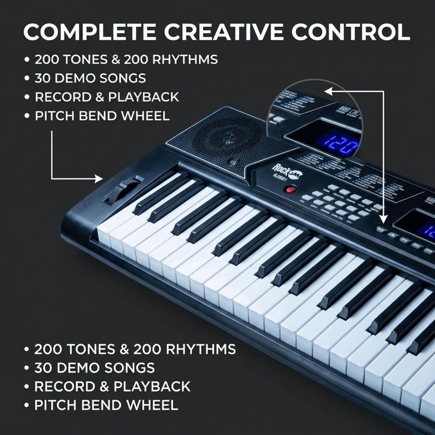 RockJam 61 Key Keyboard Piano Stand With Pitch Bend Kit, Piano Bench, Headphones, Simply Piano App & Keynote Stickers