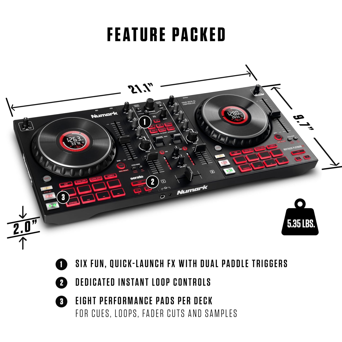 Numark Mixtrack Platinum FX Serato DJ Controller with Jog Wheel Displays, 4 Decks, Mixer, Effects Paddles and Audio Interface