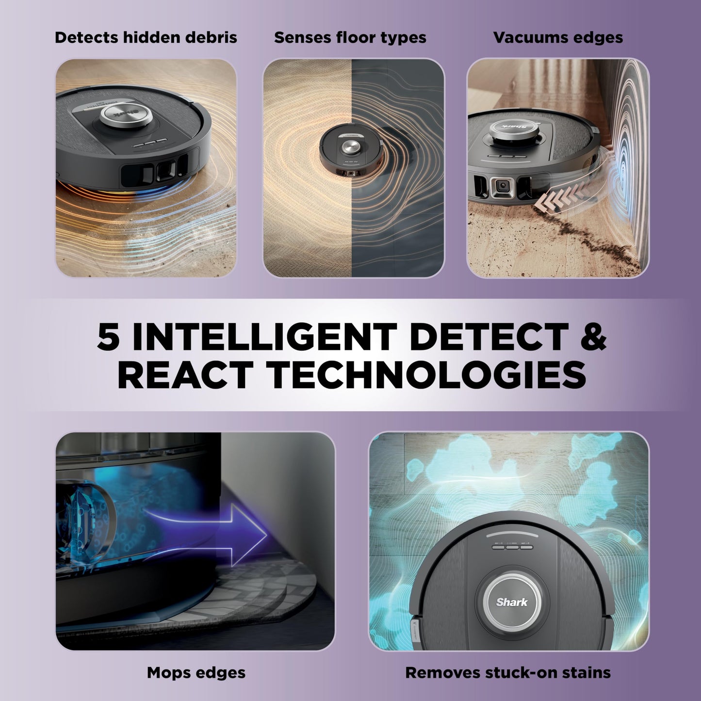 Shark Robot Vacuum & Mop Combo, NeverTouch System, Self-Emptying and Refilling, for Wood, 60-Day Debris Capacity, 30-Tank Reservoir, Pad Drying, 5 Intelligent Cleaning Technologies, RV2820YE