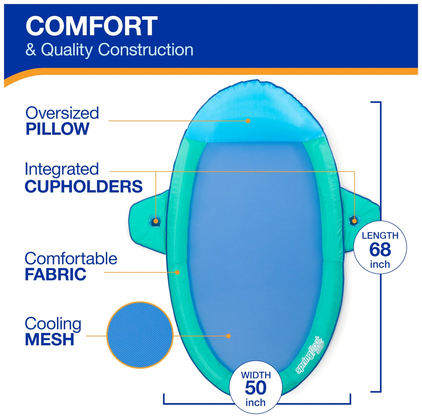 SwimWays Spring Float Premium Suncatcher Pool Lounger for Swimming Pool, Inflatable Pool Floats Adult with Fast Inflation for Ages 15 & Up, Aqua