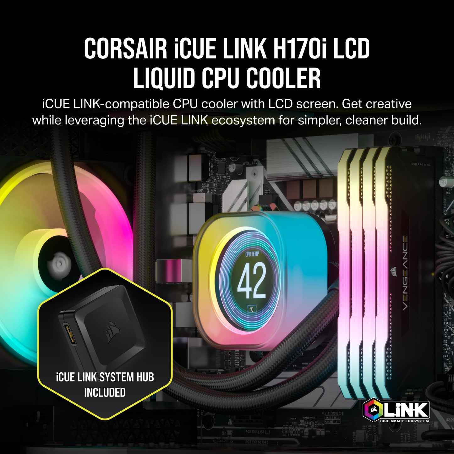 CORSAIR iCUE Link H170i LCD Liquid CPU Cooler - 420mm AIO - QX140 RGB Fans - 2.1 IPS LCD Screen - Fits Intel LGA 1700, AMD AM5 - iCUE Link System Hub Included - Black