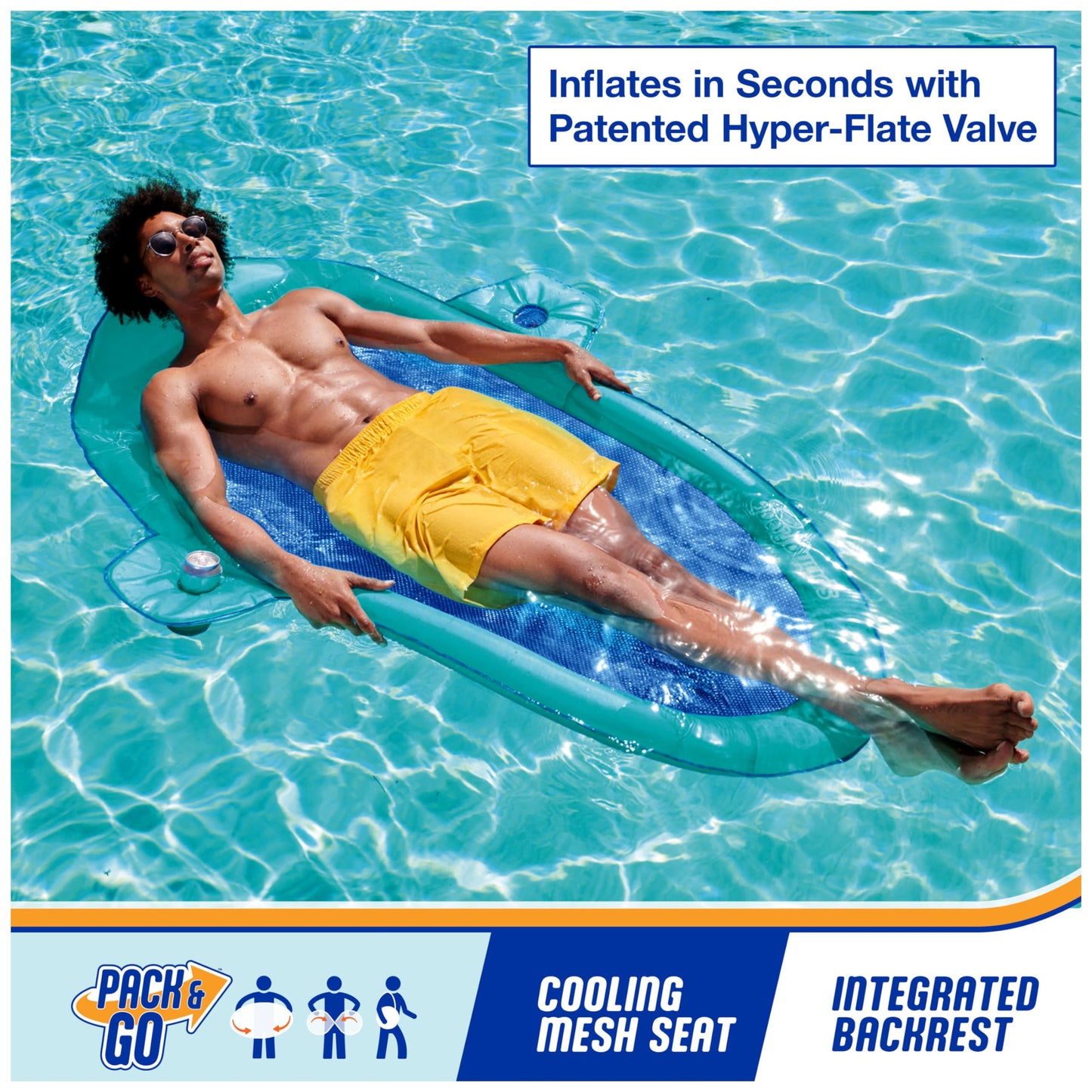 SwimWays Spring Float Premium Suncatcher Pool Lounger for Swimming Pool, Inflatable Pool Floats Adult with Fast Inflation for Ages 15 & Up, Aqua