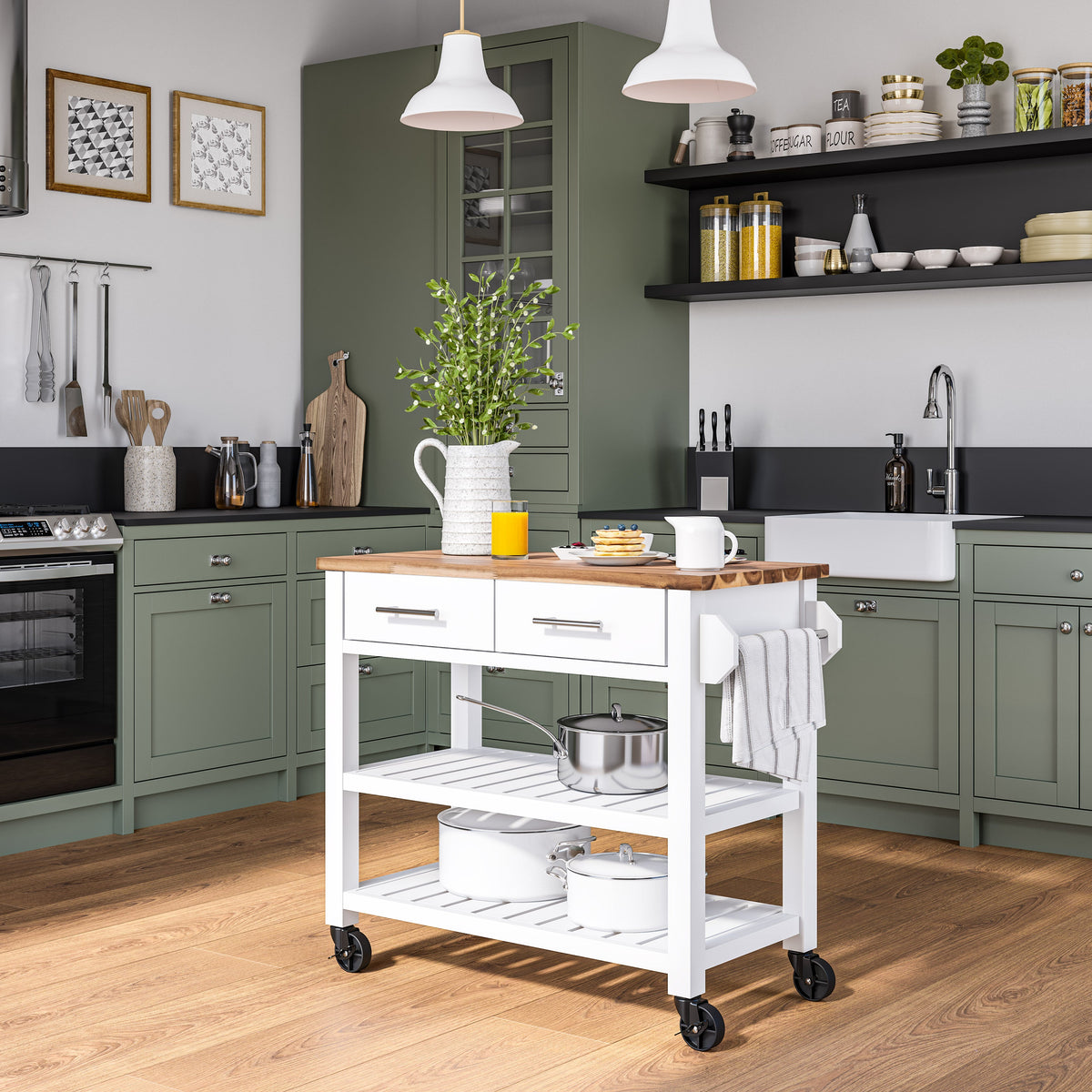 Seville Acacia Top Kitchen Cart with Drawers — Acacia Top Kitchen Cart