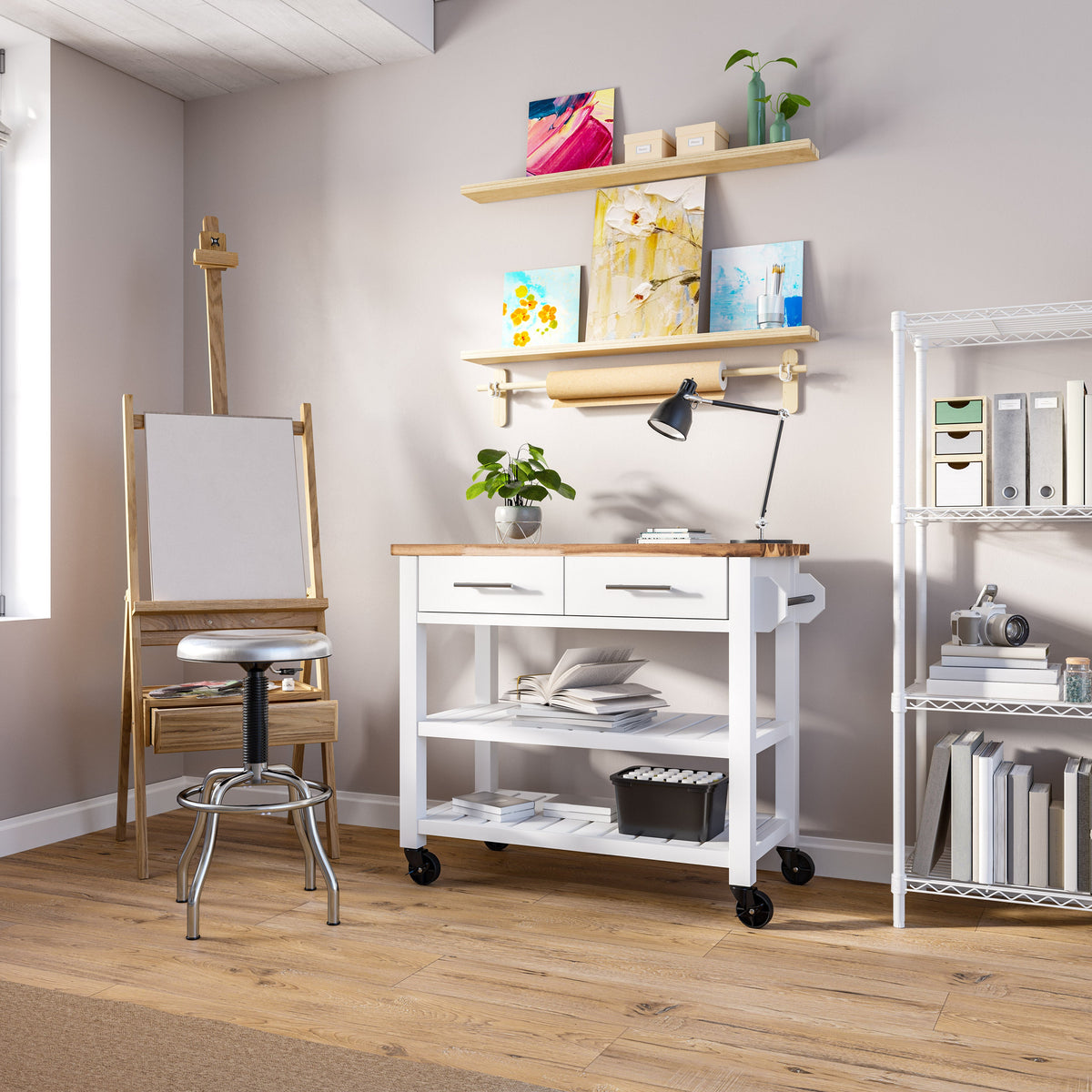 Seville Acacia Top Kitchen Cart with Drawers — Acacia Top Kitchen Cart