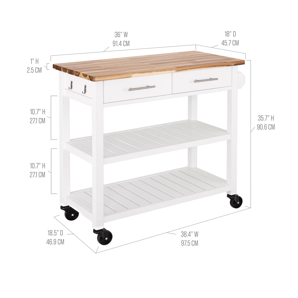 Seville Acacia Top Kitchen Cart with Drawers — Acacia Top Kitchen Cart