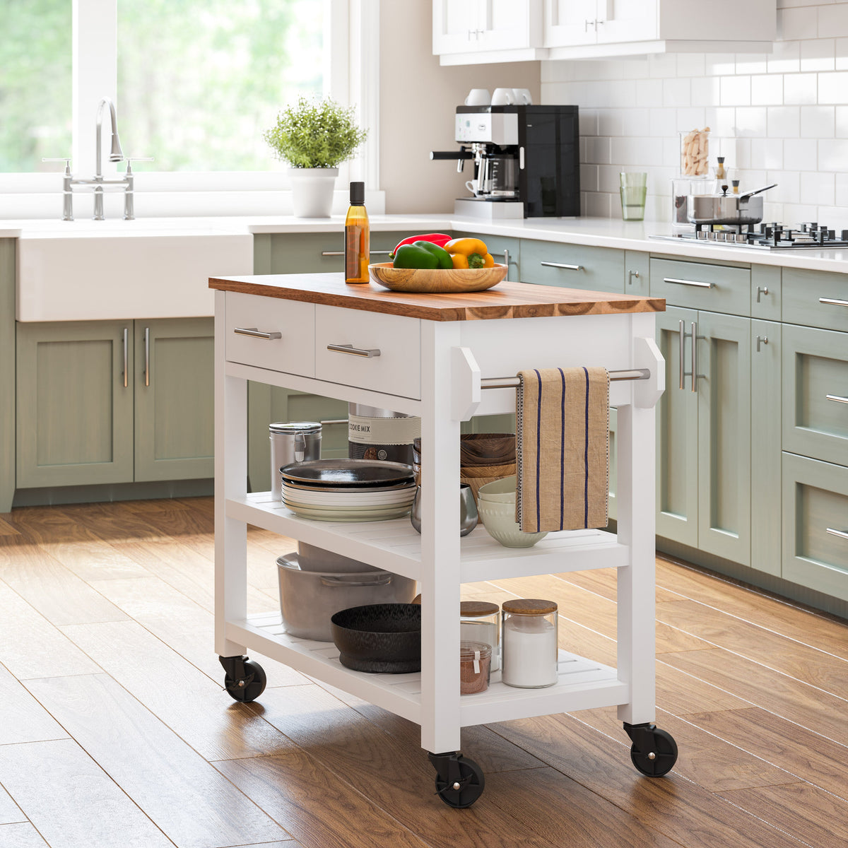Seville Acacia Top Kitchen Cart with Drawers — Acacia Top Kitchen Cart
