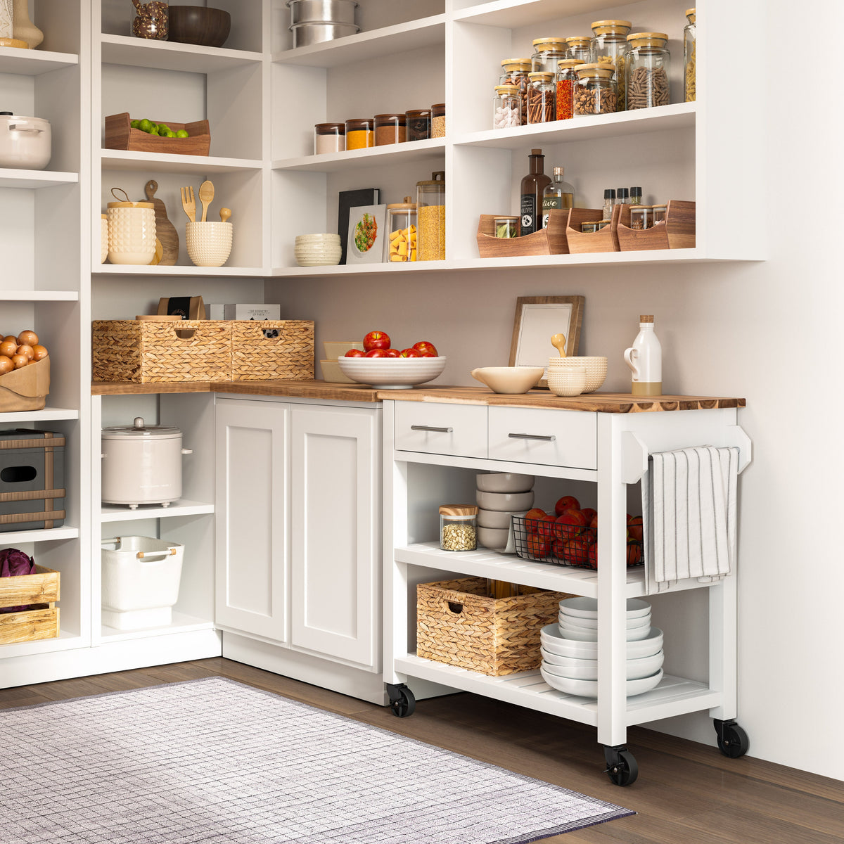 Seville Acacia Top Kitchen Cart with Drawers — Acacia Top Kitchen Cart