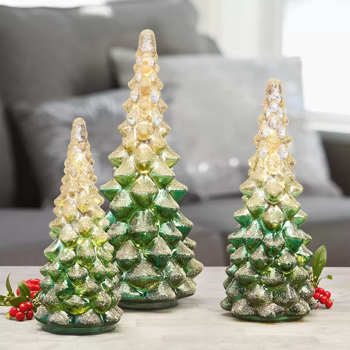 Glass Led Tree Set 13.7 Inch (35 cm) Set of 3 Glass Christmas Trees With LED Lights ...