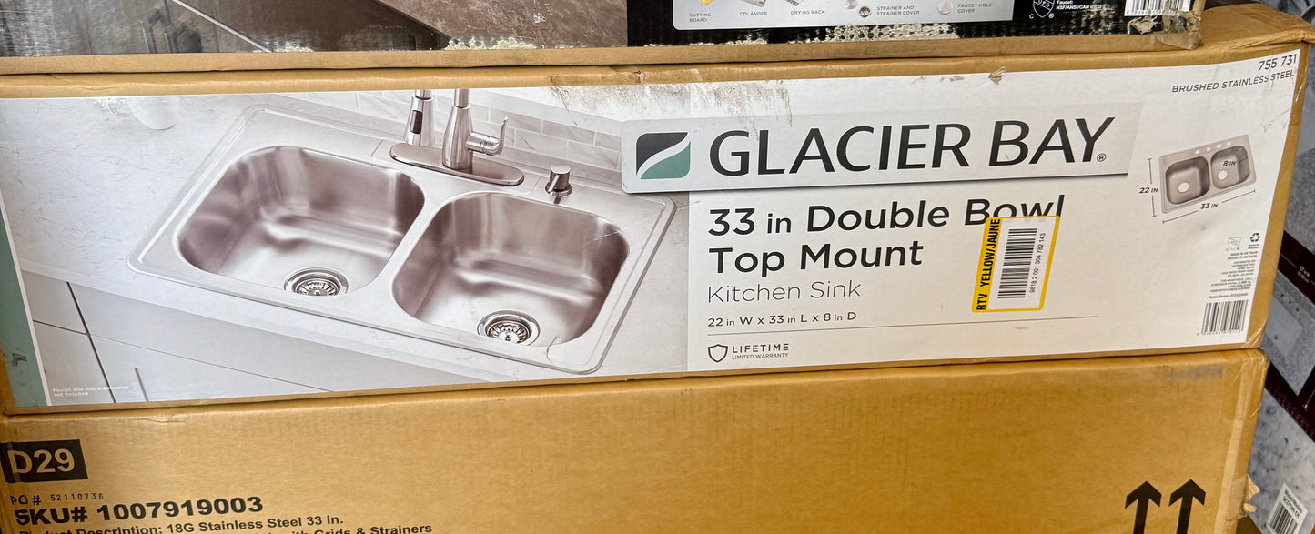 Glacier Bay 33 in. Drop-In 50/50 Double Bowl 20 Gauge Stainless Steel Kitchen Sink