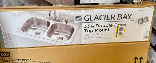 Glacier Bay 33 in. Drop-In 50/50 Double Bowl 20 Gauge Stainless Steel Kitchen Sink