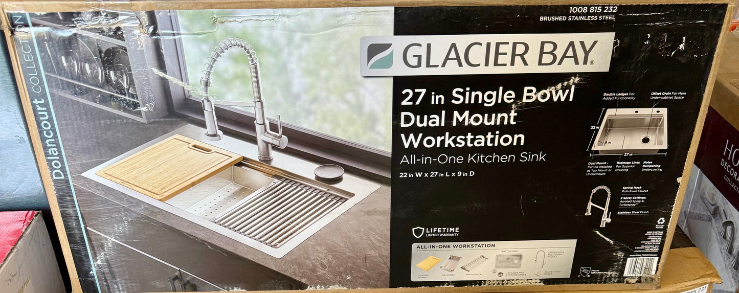 Glacier Bay Dolancourt Tight Radius 27 in. Drop-In Single Bowl 18G Stainless Steel Workstation Kitchen Sink with Spring Neck Faucet