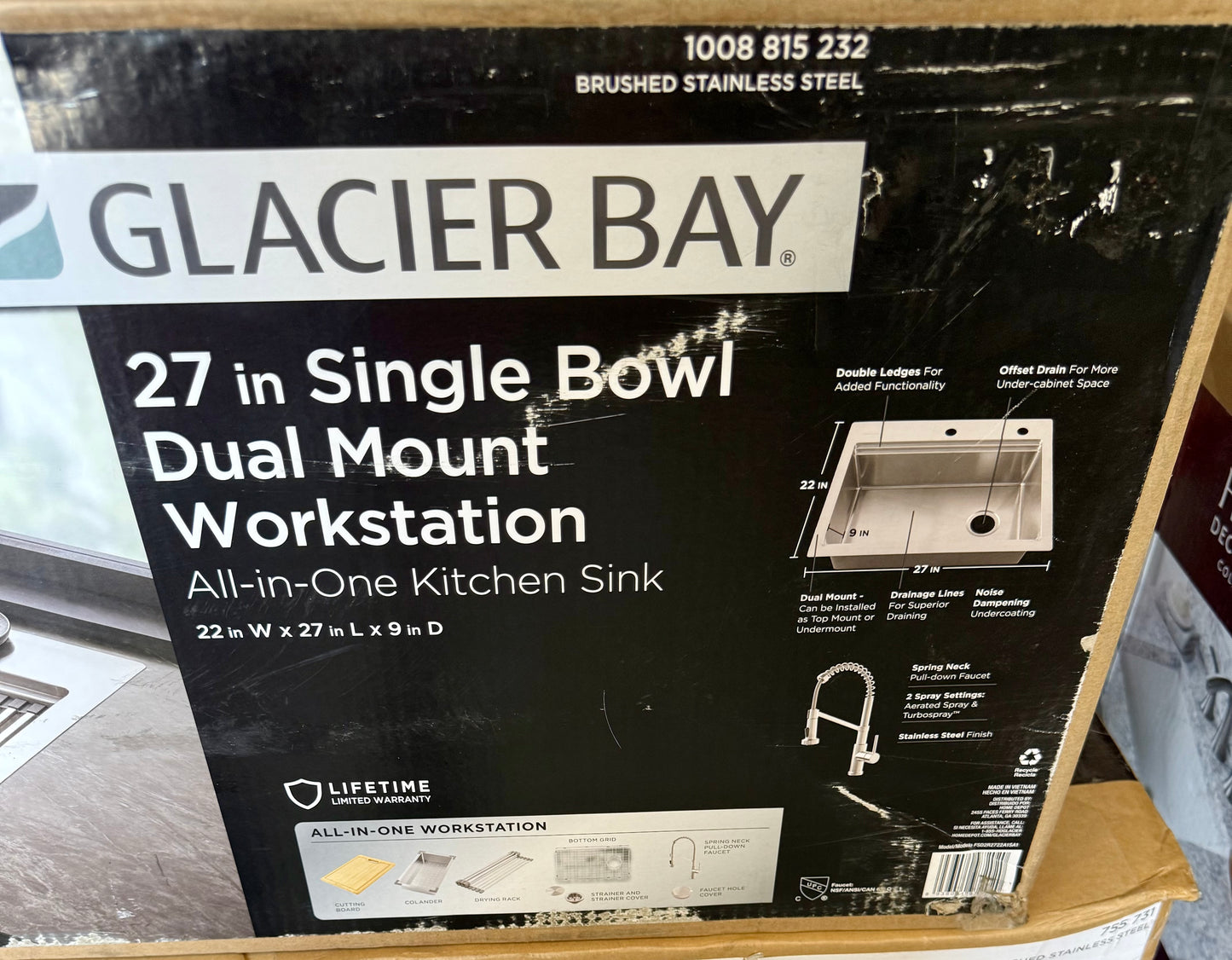 Glacier Bay Dolancourt Tight Radius 27 in. Drop-In Single Bowl 18G Stainless Steel Workstation Kitchen Sink with Spring Neck Faucet