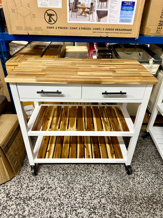Seville Acacia Kitchen Cart with Acacia Shelves - White