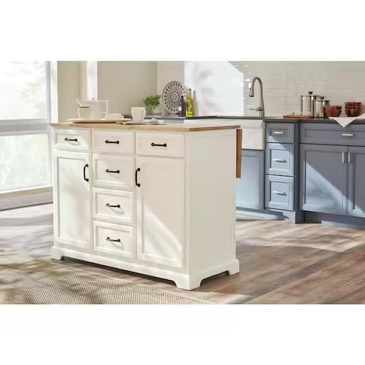 Ivory Kitchen Island with Natural Butcher Block Top