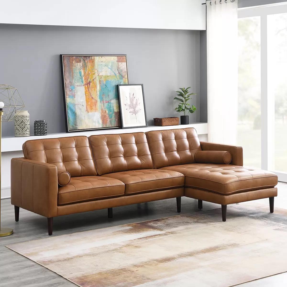 Harstine Leather Chaise Sectional - Cognac Brown