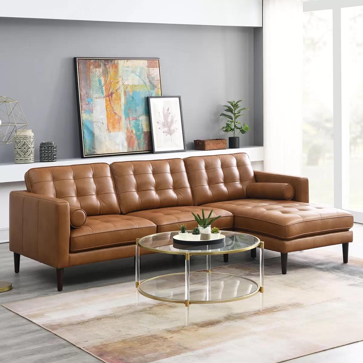 Harstine Leather Chaise Sectional - Cognac Brown