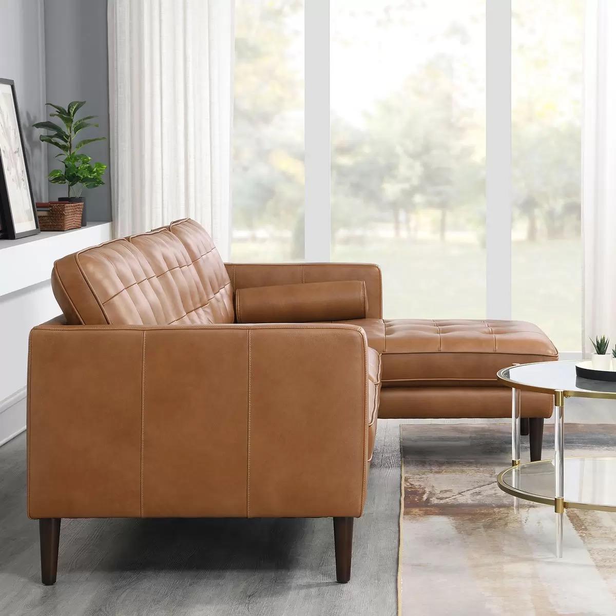 Harstine Leather Chaise Sectional - Cognac Brown