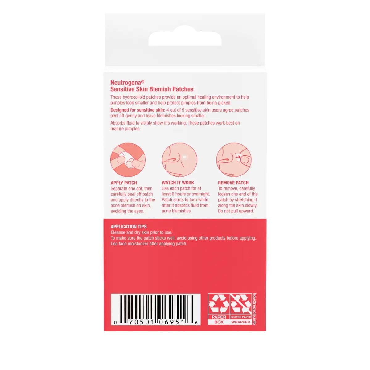 Neutrogena Sensitive Skin Blemish Patches 30 count — back label and directions