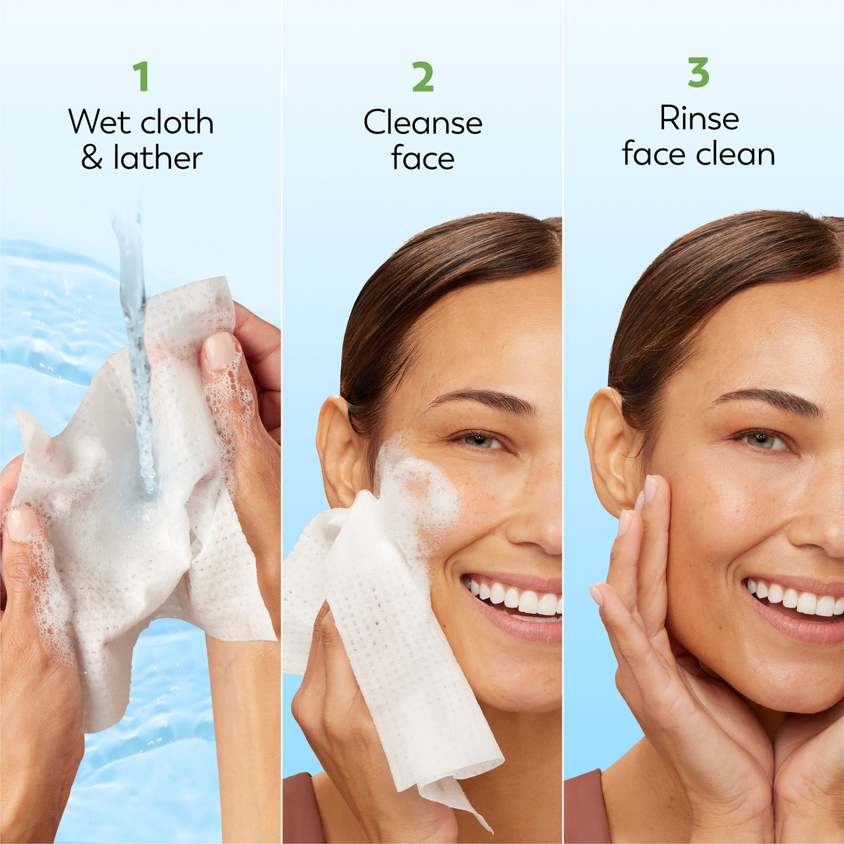 Olay Daily Facials Gentle Sensitive Clean water-activated dry cloths — wet, lather, cleanse and rinse directions