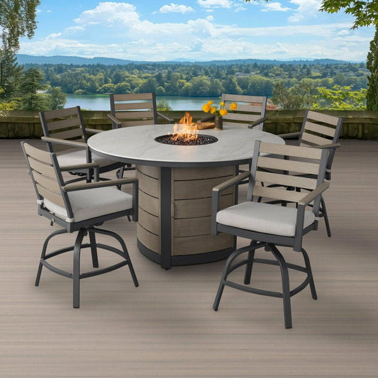 Agio Nicolet 7-piece Fire Outdoor Patio High Dining Set, Has A Chip On Tabletop