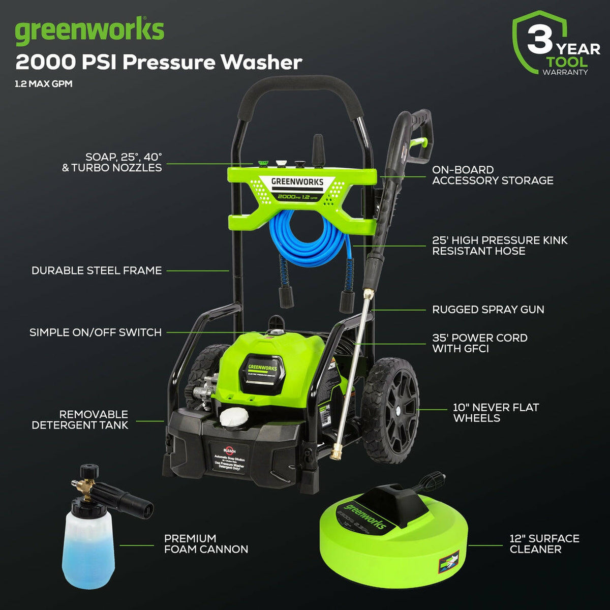 2000 PSI 1.2 GPM Cold Water Electric Pressure Washer with 12-inch Surface Cleaner and Premium Foam Cannon