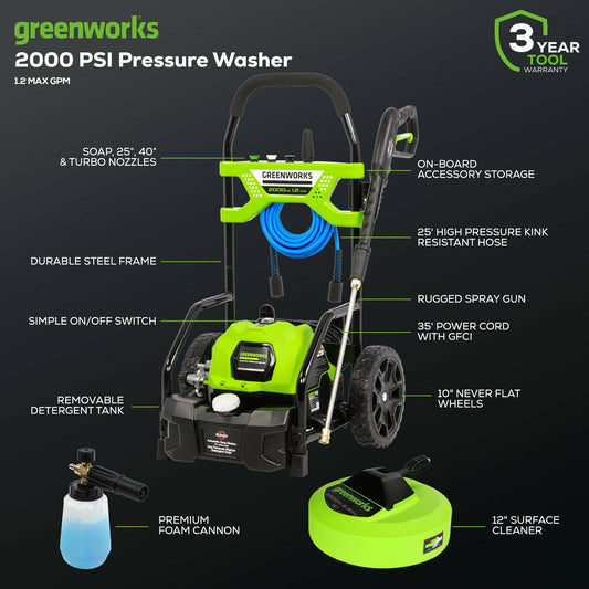 2000 PSI 1.2 GPM Cold Water Electric Pressure Washer with 12-inch Surface Cleaner and Premium Foam Cannon