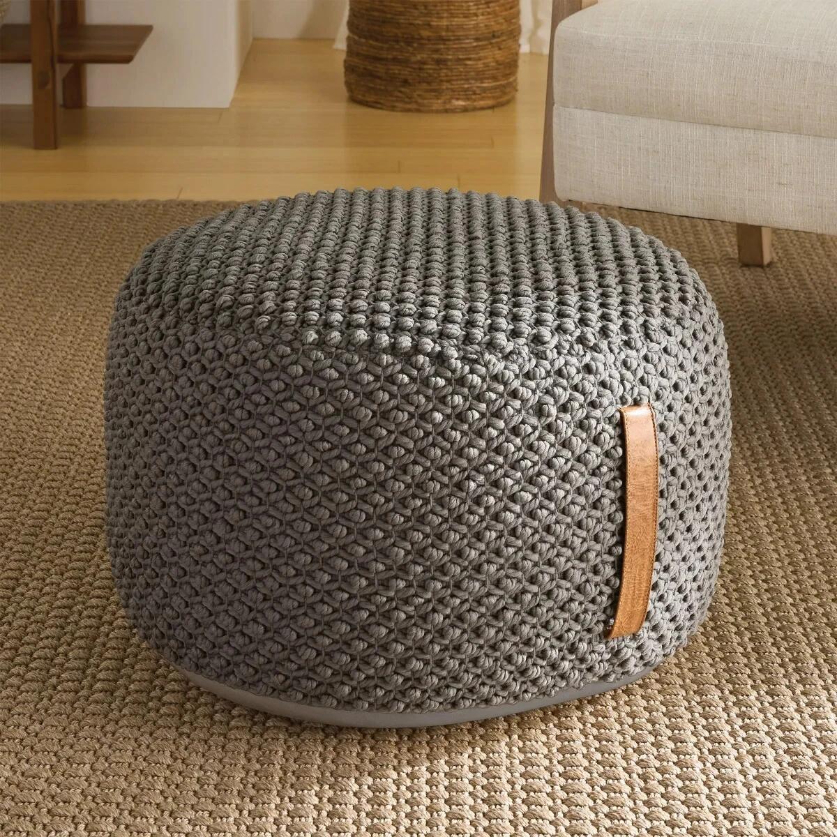 Nourison Cotton Woven Looped Pouf - Gray