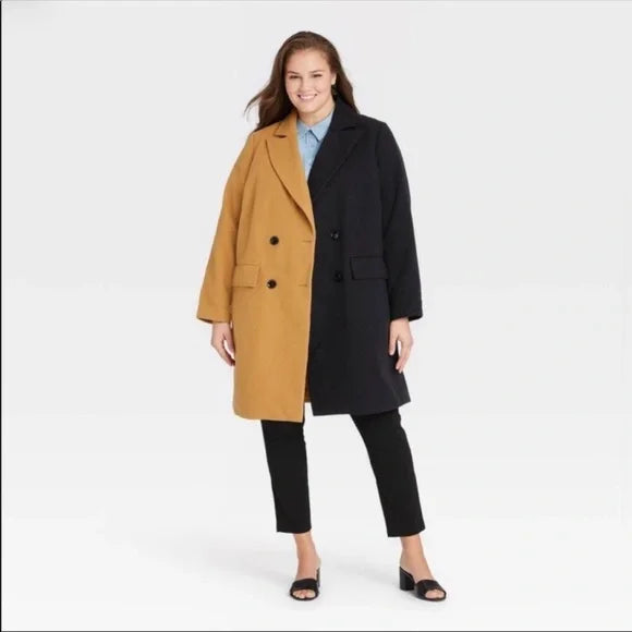 NWT Who What Wear Black and Tan Overcoat Medium