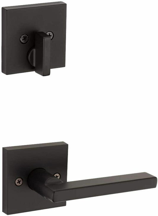 Kwikset San Clemente Matte Black Door Handleset with Halifax Square Door Handle with Microban Antimicrobial Technology