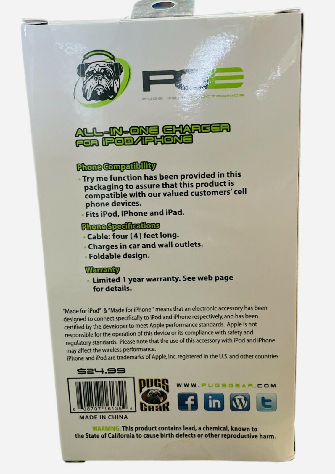 PGE Pug Gear Electronics All-in-One Charger Wall Car iPod iPhone iPad White