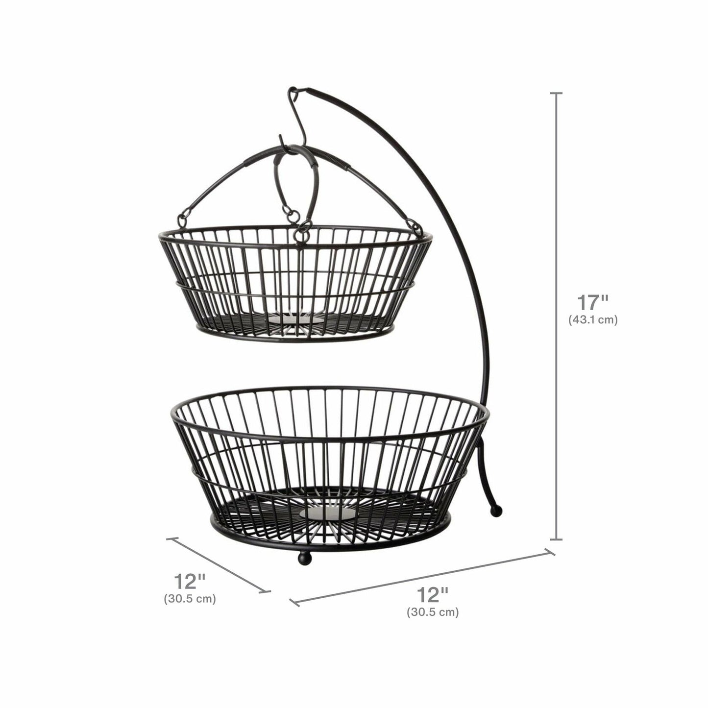 Gourmet Basics by Mikasa Tully 2-Tier Iron Storage Basket with Banana Hanger, Breathable Basket Organizer for Fruits, Vegetables, Snacks - Modern & Decorative Fruit Bowl, 12"x17" (Black)