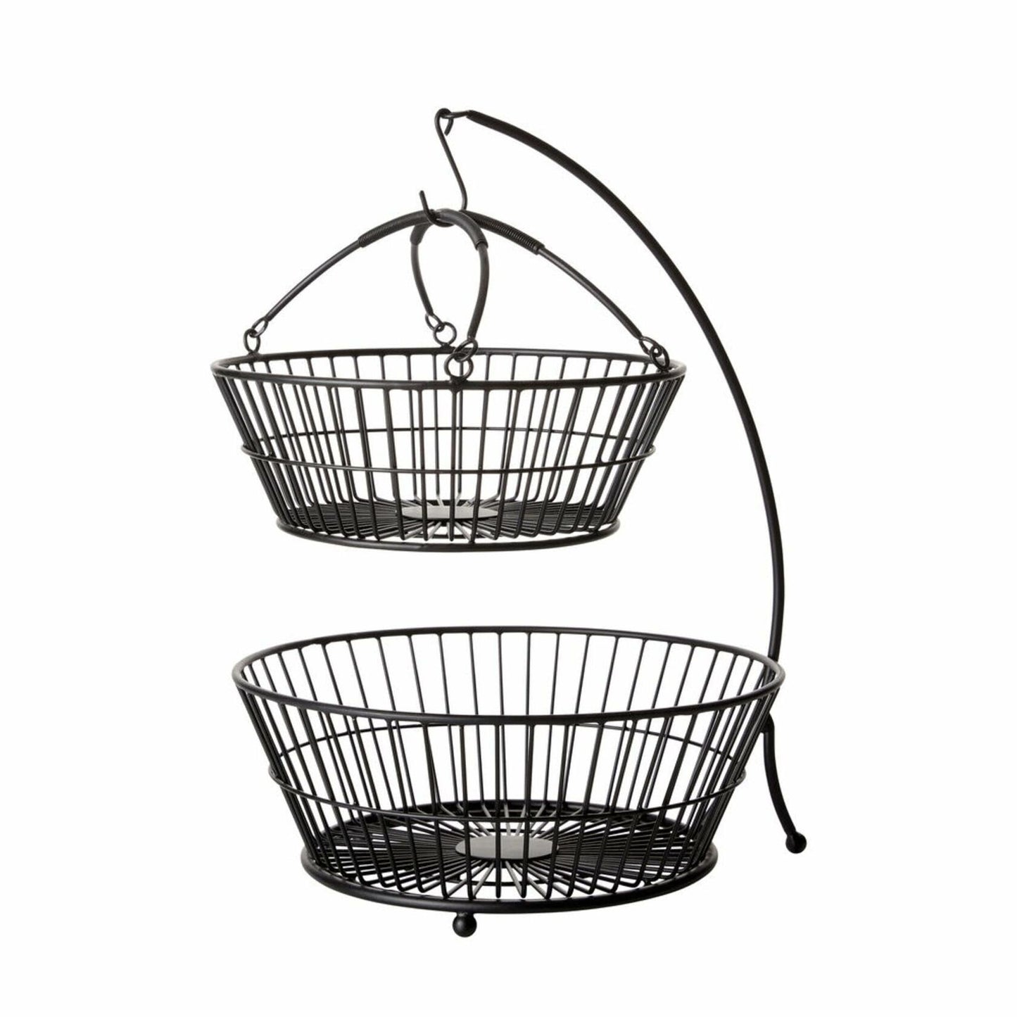 Gourmet Basics by Mikasa Tully 2-Tier Iron Storage Basket with Banana Hanger, Breathable Basket Organizer for Fruits, Vegetables, Snacks - Modern & Decorative Fruit Bowl, 12"x17" (Black)