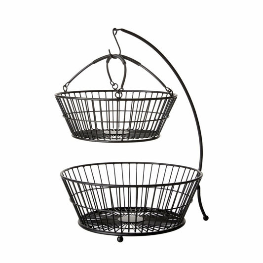 Gourmet Basics by Mikasa Tully 2-Tier Iron Storage Basket with Banana Hanger, Breathable Basket Organizer for Fruits, Vegetables, Snacks - Modern & Decorative Fruit Bowl, 12"x17" (Black)
