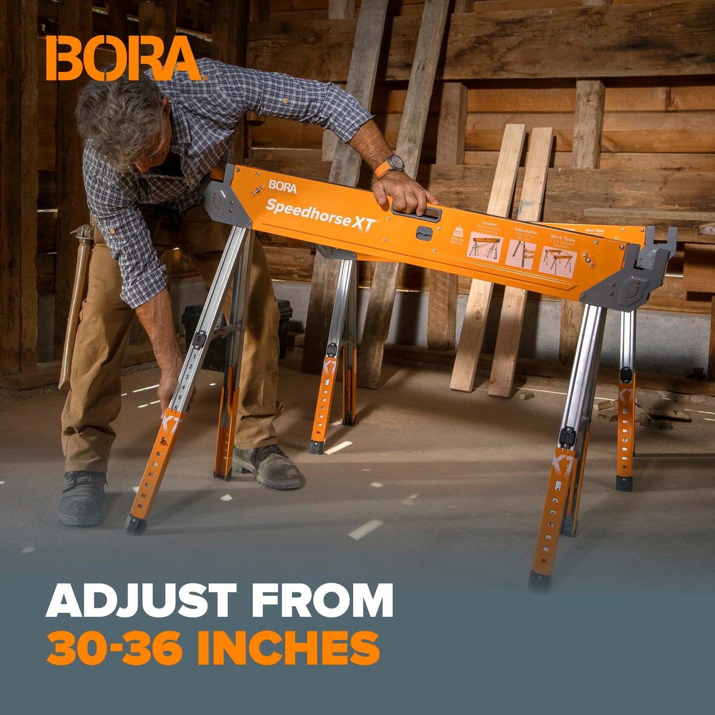 Bora Portamate Speedhorse XT Adjustable Height Sawhorse-Single Piece Stand with 30-36 inch adjustable Legs,Metal Top for 2x4,Heavy Duty Pro Bench Saw Horse for Contractors,Carpenters-PM-4550 Orange