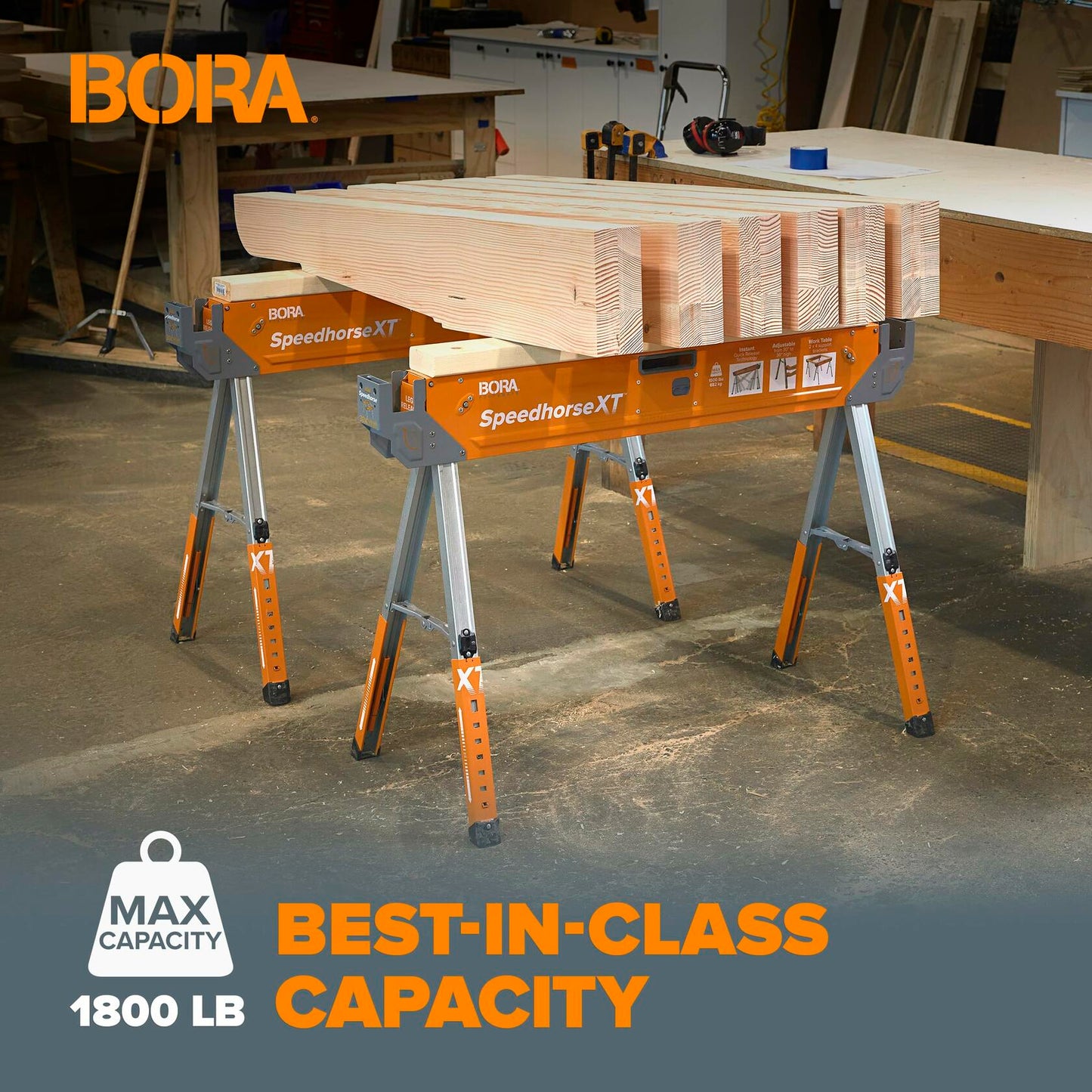 Bora Portamate Speedhorse XT Adjustable Height Sawhorse-Single Piece Stand with 30-36 inch adjustable Legs,Metal Top for 2x4,Heavy Duty Pro Bench Saw Horse for Contractors,Carpenters-PM-4550 Orange
