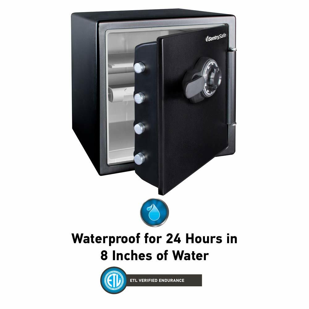 SentrySafe Fireproof and Waterproof Black Steel Home Safe with Dial Combination Lock for Cash, or Documents, 1.23 Cubic Feet, 17.8 x 16.3 x 19.3 x Inches, SFW123CU