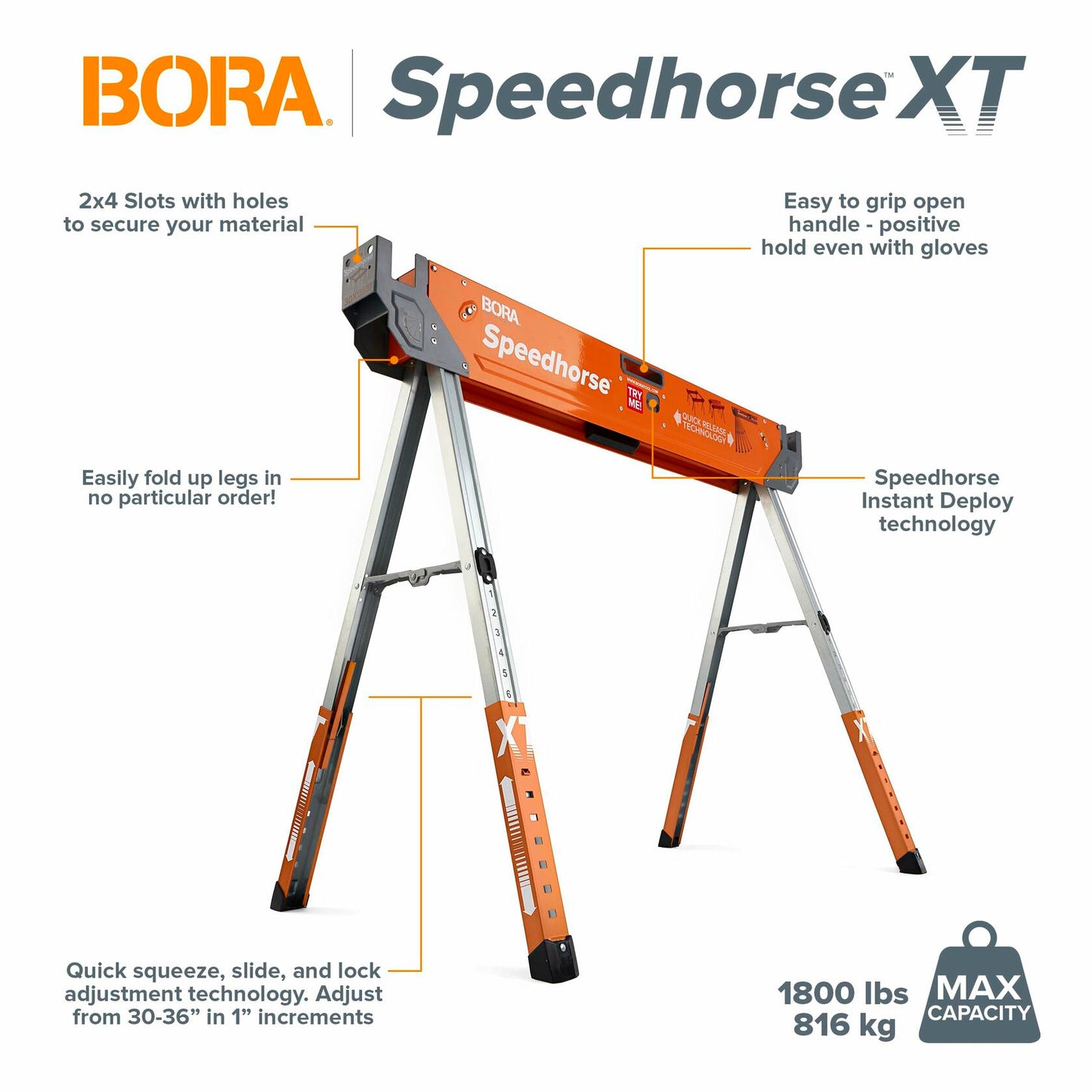 Bora Portamate Speedhorse XT Adjustable Height Sawhorse-Single Piece Stand with 30-36 inch adjustable Legs,Metal Top for 2x4,Heavy Duty Pro Bench Saw Horse for Contractors,Carpenters-PM-4550 Orange