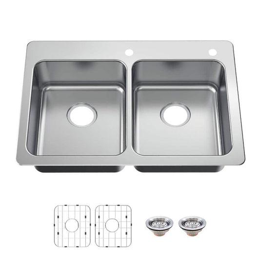 Glacier Bay Bratten Drop-In/Undermount 18G Stainless Steel 33 in. 2-Hole 50/50 Double Bowl Kitchen Sink with Accessories, Silver
