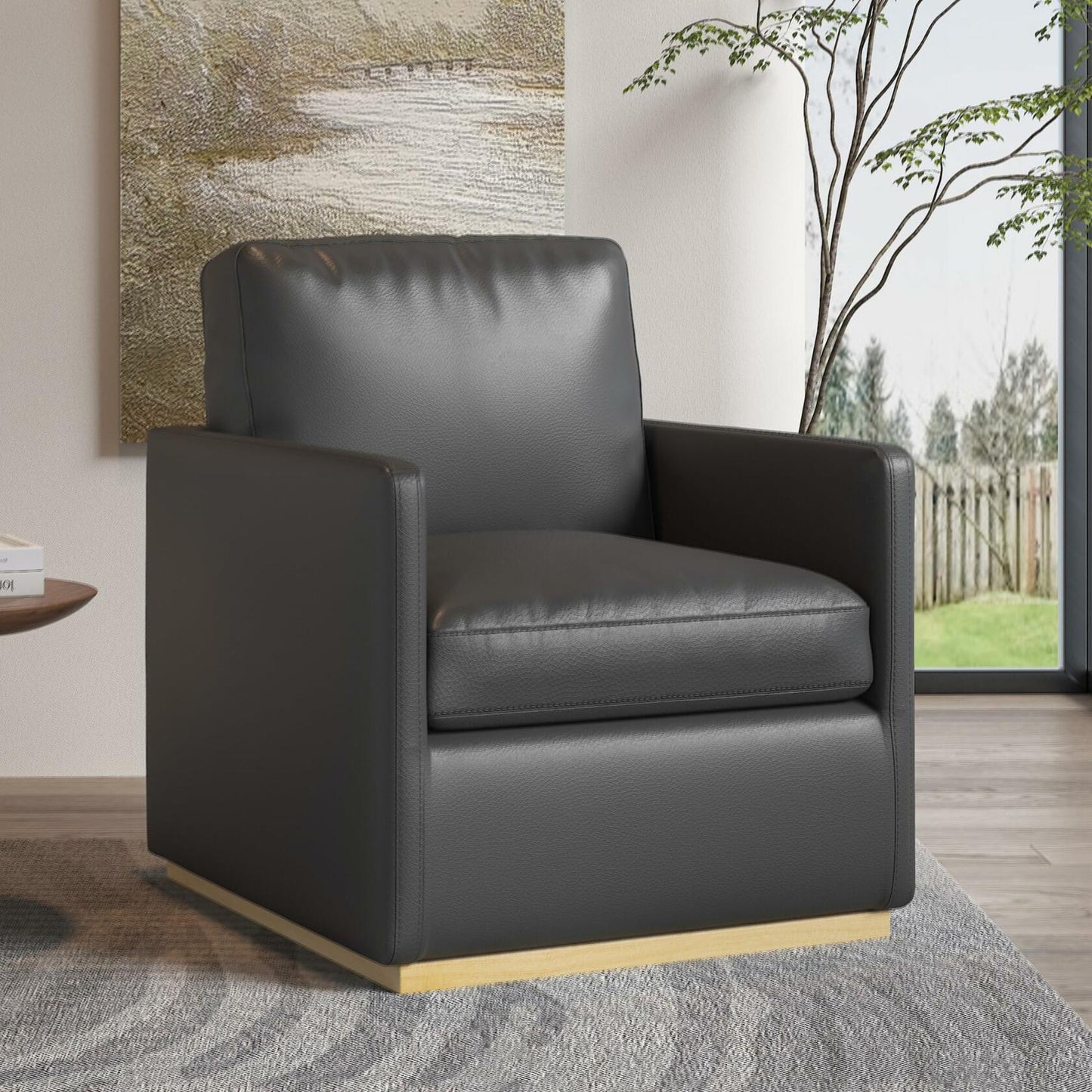 Swivel Barrel Chair, Premium Comfy Round Accent Chair for Living Room, Mid Century Modern Reading Chair for Adults, Bedroom Side Chairs for Small Spaces, Armchair for Home/Office/Leather Black