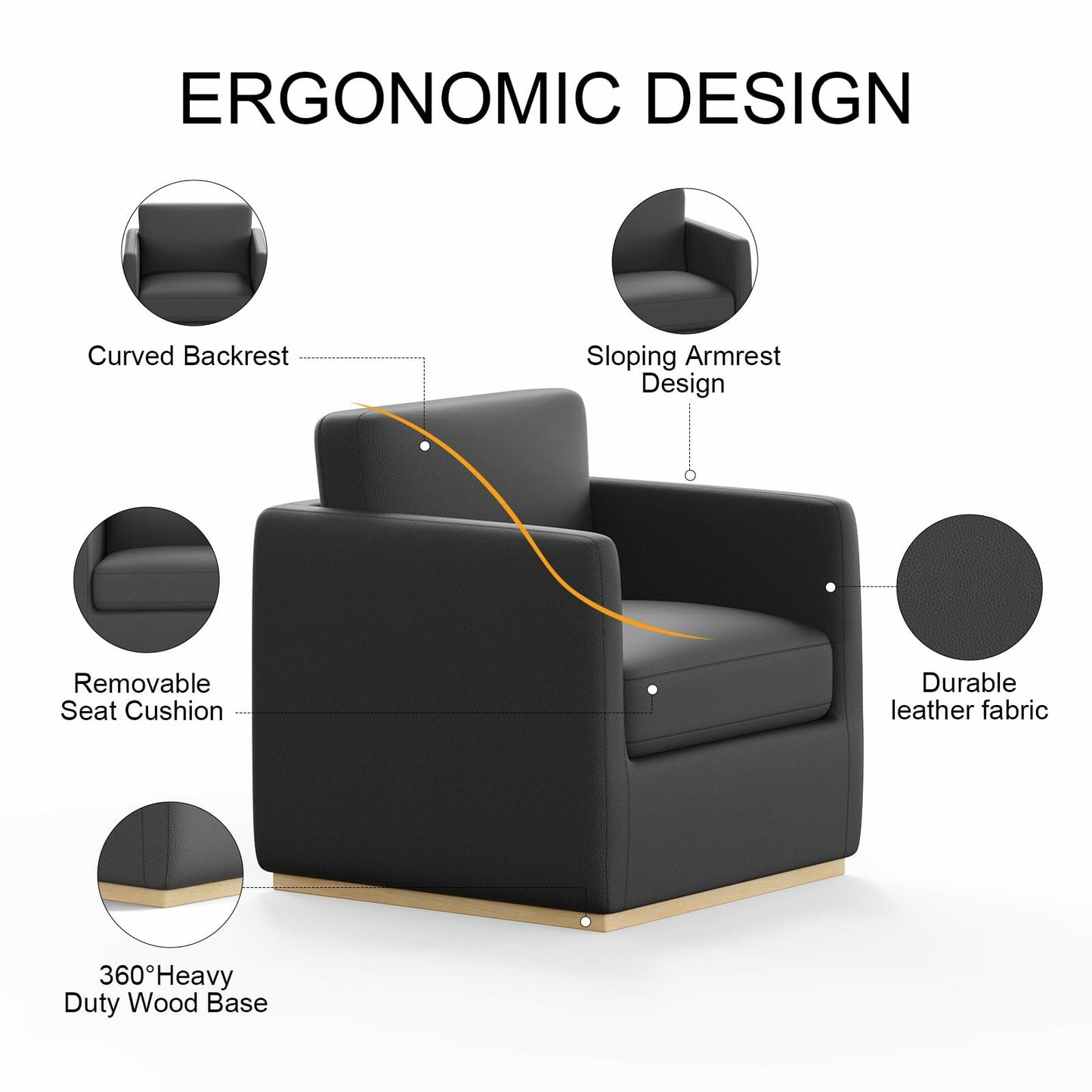 Swivel Barrel Chair, Premium Comfy Round Accent Chair for Living Room, Mid Century Modern Reading Chair for Adults, Bedroom Side Chairs for Small Spaces, Armchair for Home/Office/Leather Black